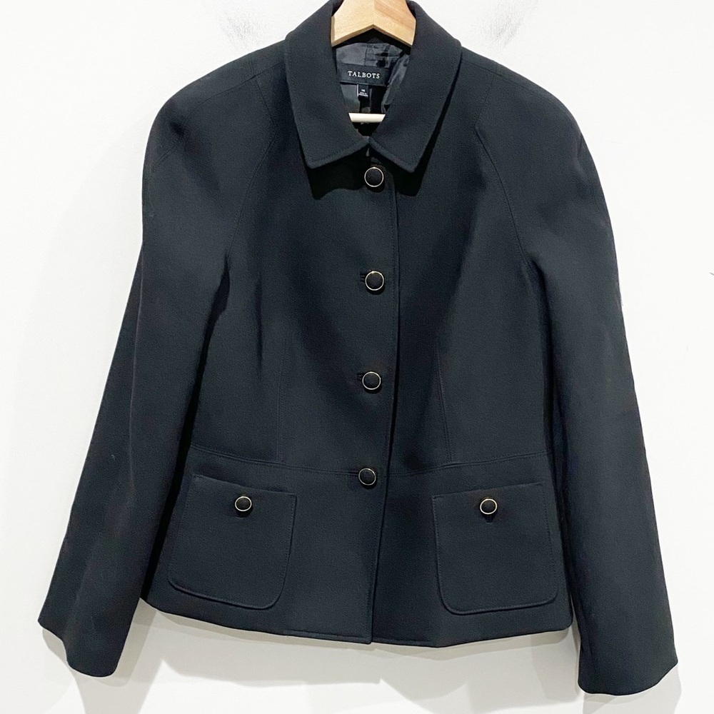 TALBOTS Black Wool Blend Jacket Blazer Button Up Gold Classic Career Size 14